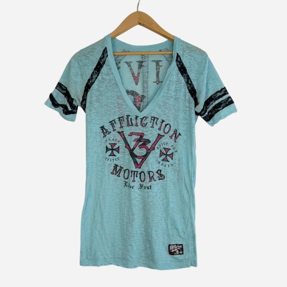 Affliction Motors Live Fast 13 Burnout Lace Sleeve V-Neck Tee Large